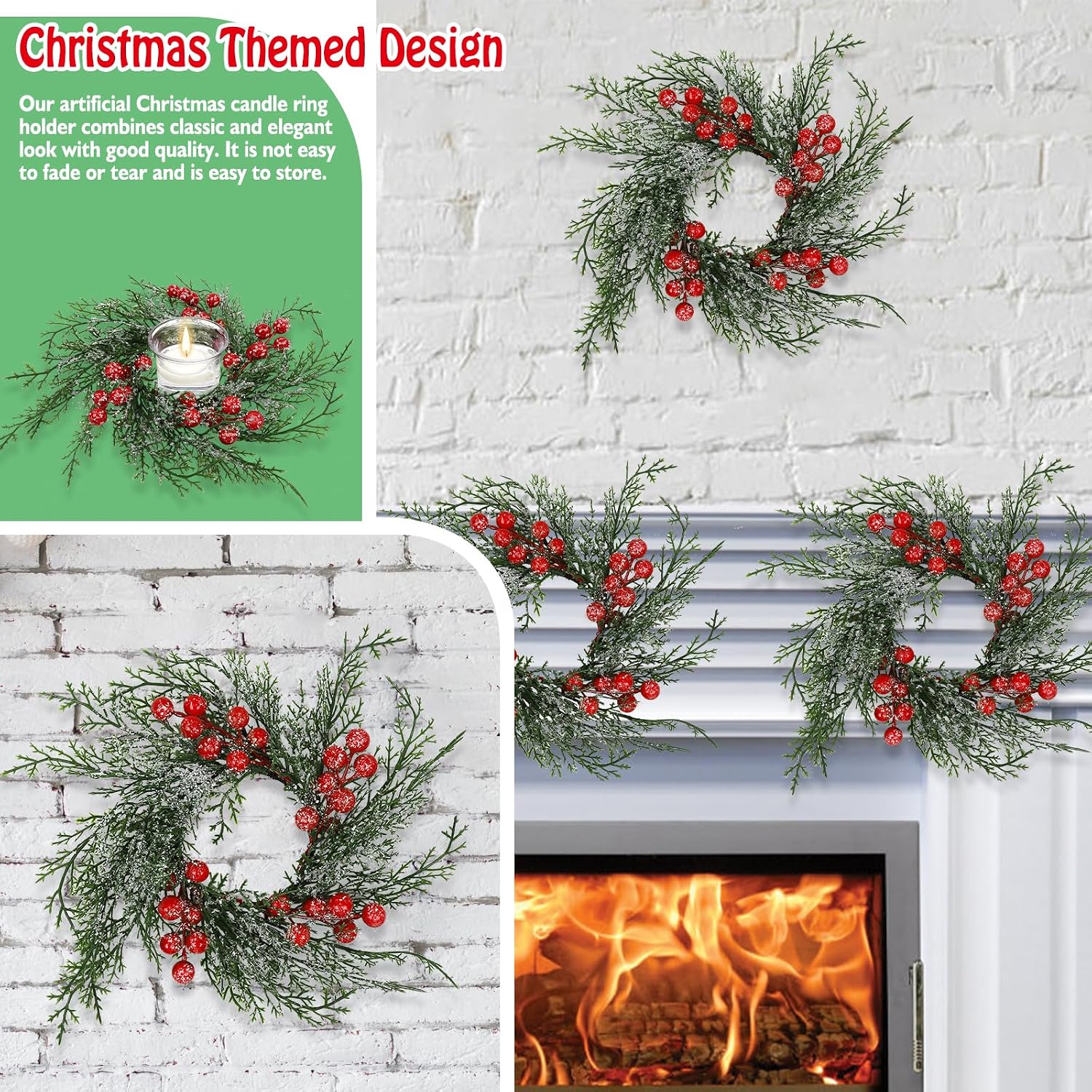 10 Pcs Christmas Candle Rings Wreath Artificial Candle Rings with Red Berry, Snowy Pine Garland Candle Ring Holder for Christmas Decorations Table Centerpiece