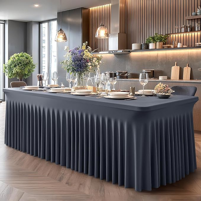 Wish Care 2 Pack Gray Spandex Table Clothes for 4 Foot Rectangle Tables, 4FT Wrinkle Free Fitted Tablecloths Ruffles Design Table Cover for Party, Banquet, Wedding and Events