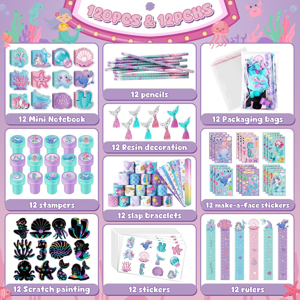 BenLouis 120Pcs Mermaid Party Favors Little Mermaid Pencils Stickers School Stationery Bulk for Kids Sea Birthday Decor Baby Shower Candy Goodie Bag Stuffer Classroom Rewards Pinata Supplies