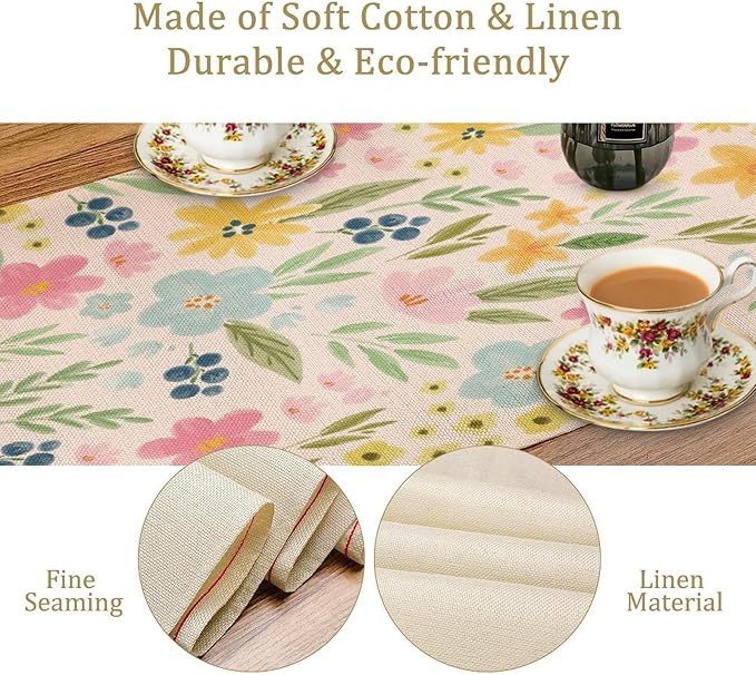 Floral Table Runner, Boho Style Watercolor Flower Green Leaf Plant Rectangle Table Decoration for Dining, Party, Holiday,13in（33cm） W * 36in（92cm） L