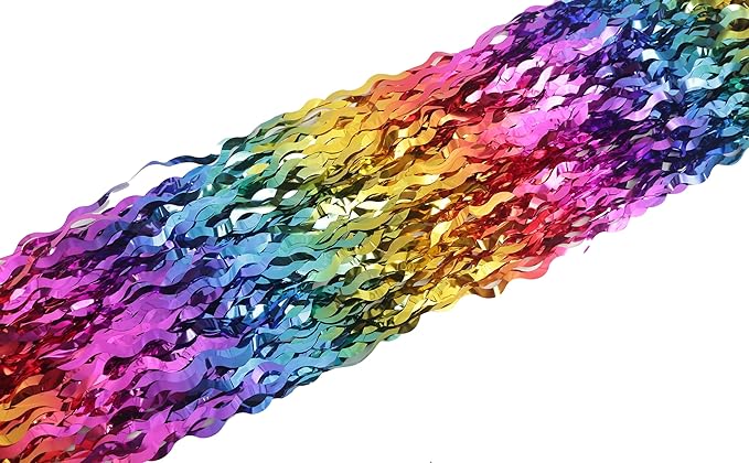 4 Pack Wavy Rainbow Foil Fringe Curtain | 3.3x6.6ft Colorful Tinsel Metallic Streamers Holiday Photo Booth Props Backdrop for Engagement Bridal Shower Unicorn Party Decorations