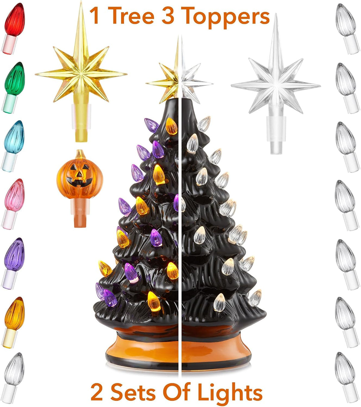 Casafield Hand-Painted Ceramic Halloween Tree, Black 12-Inch Pre-Lit Decorati...