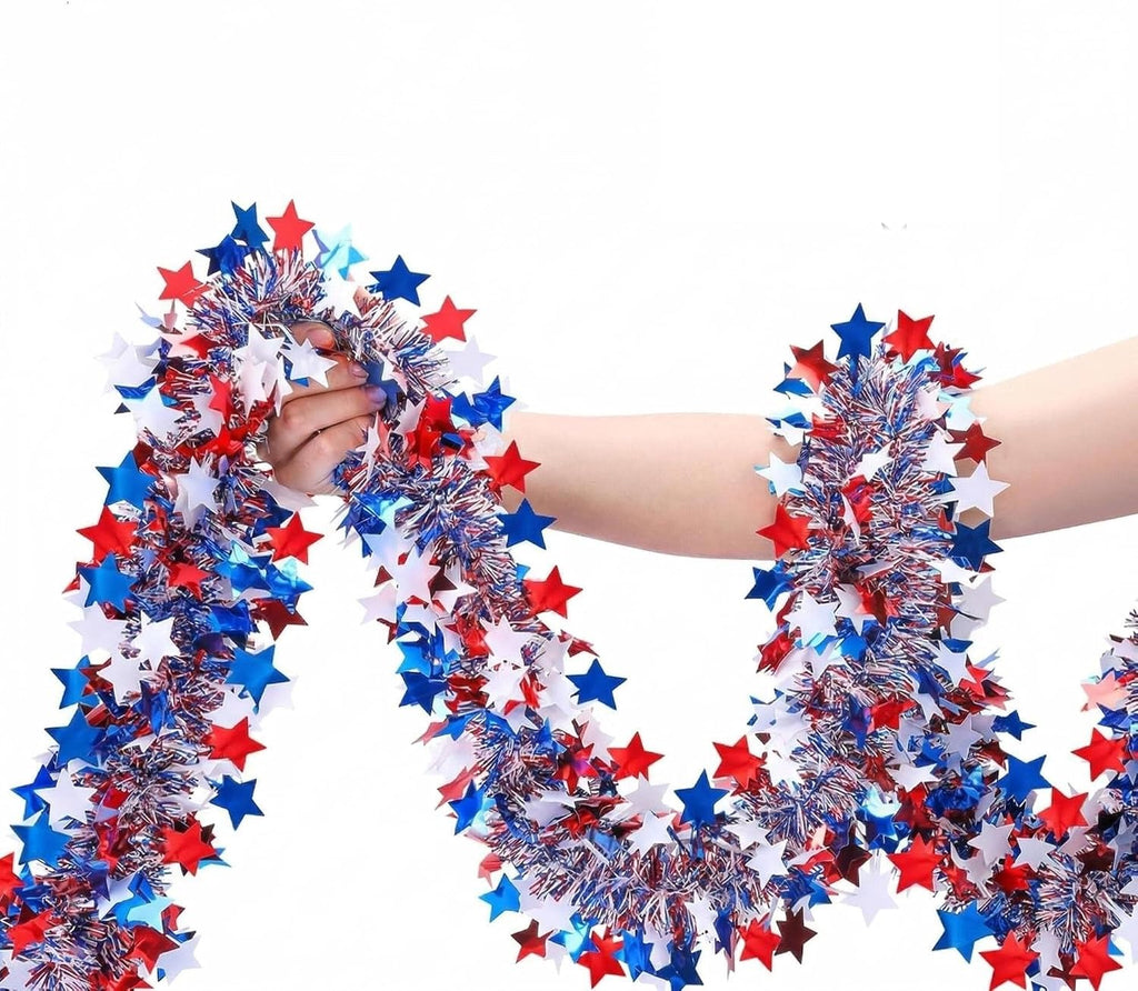 RAINFLOW Patriotic Tinsel Garland 4th of July Decorations - 5 Pack 32.8FT Red White Blue Star Metallic Decor for Parade Golf Cart Car Tree Party Outdoor Independence Day Memorial Day