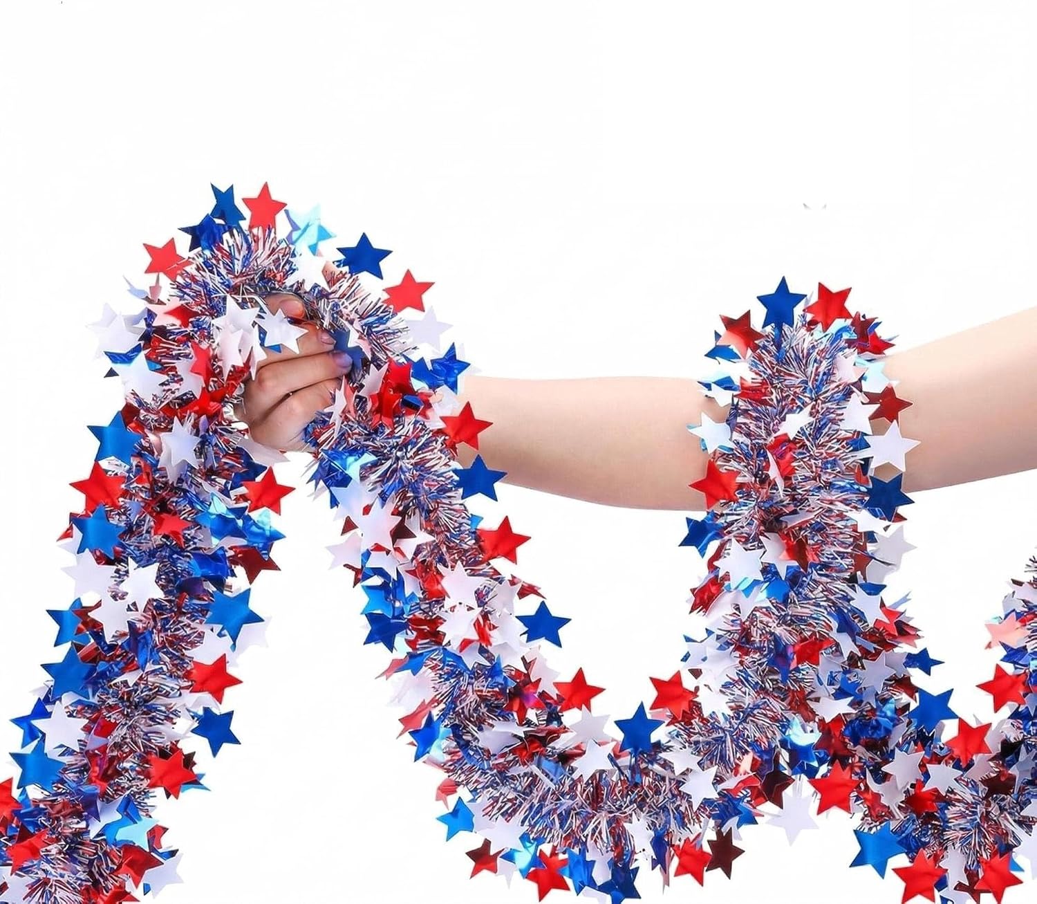 RAINFLOW Patriotic Tinsel Garland 4th of July Decorations - 5 Pack 32.8FT Red White Blue Star Metallic Decor for Parade Golf Cart Car Tree Party Outdoor Independence Day Memorial Day