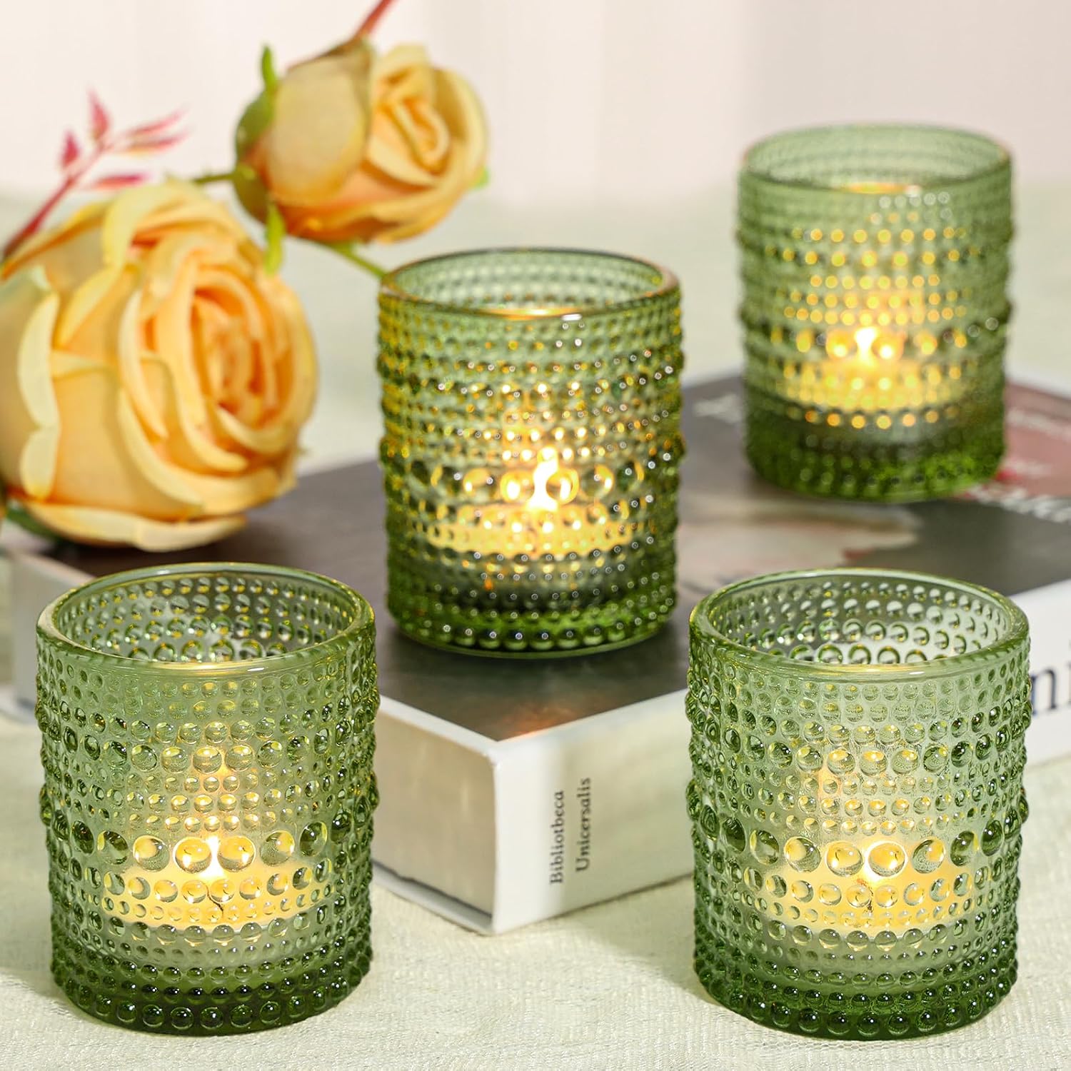 SUPMIND 24 Pcs Votive Candle Holders, Glass Holders Bulk for Table Centerpiece, Tea Lights Candle Holders for Wedding Shower, Party and Home Decor Green