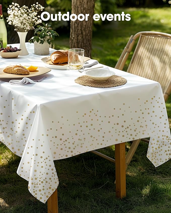 Pureegg Plastic Table Cloth Disposable 10 Pack, 54 x 108 Inch Table Cloths, Graduation Decorations Class of 2025, Graduation Tablecloths, Rectangle, Plastic Cover, Leakproof & Sturdy, White and Gold