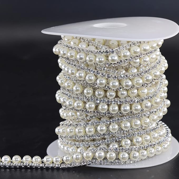 Jerler Rhinestone Trim Applique 1 Yard 2 Rows Crystal Chain Banding Diamond Inlaid White Pearl Beaded Rhinestones for Crafts Clothing and Bridal Embellishments Wedding Ideas Christmas Decorations