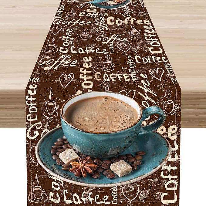 Coffee Theme Table Runner, Farmhouse Retro Brown Coffee Cup Tea Party Rustic Cafe Table Center Decor for Home Kitchen Dining Patio Holiday Party Indoor Outdoor Table Decorations,13"x108" Inch