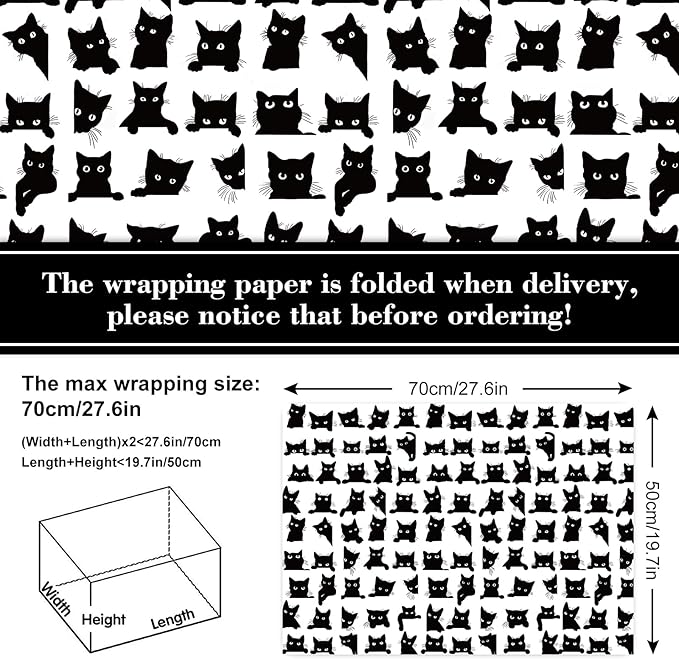 JarThenaAMCS 8 Sheets Cat Wrapping Paper - Not Roll - Cartoon Black Cat Gift Wrap Paper Folded Flat Decorative DIY Craft Art Paper for Halloween Birthday Holiday Party Supplies