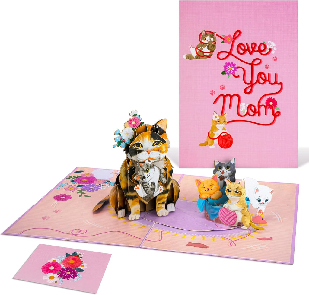 POPWOW Cat Mom Pop Up Card, Love You Mom, Kittens, 3D Popup Greeting Card, Gift For Mothers Day, Birthday, Valentines Day, Mother, Stepmom, Mother in Law, 5x7 - Includes Envelope And Message Note