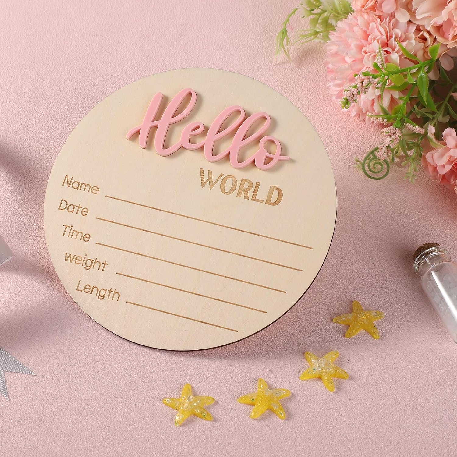 Baby Announcement Sign, 5.9in Wooden Hello World Newborn Signs Birth Announcement Sign Welcome Name Plaques for Newborn Boys and Girls Photo Props Baby Shower Hospital Nursery (Light Pink)
