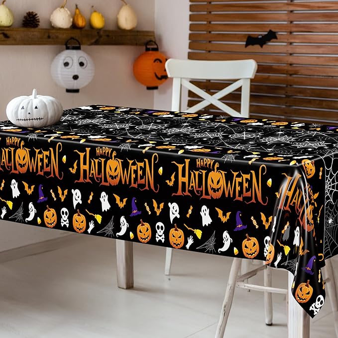 QZYL 12 Pack Halloween Plastic Tablecloth, 54" x 108" Pumpkin Decorations, Spider Webs Pumpkin Design Disposable Table Cloth Tablecover, Halloween Party Decor Dinnerware Indoor