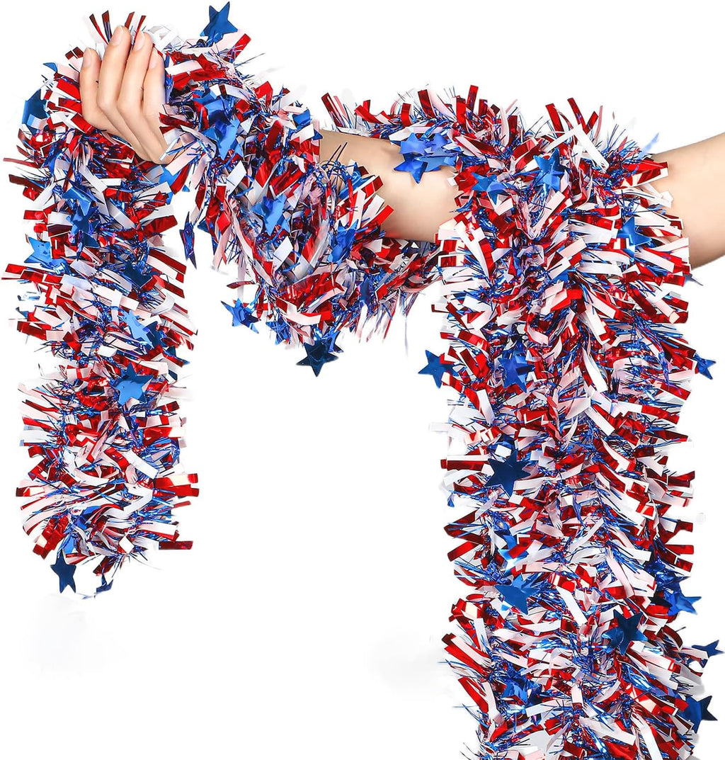4th of July Garland Decorations, 50Ft Tinsel Garland Patriotic Decorations, Red White and Blue Garland for Memorial Day Decorations (Star)