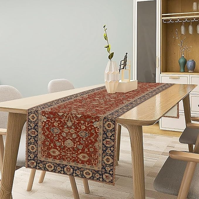 Boho Floral Vintage Red Blue Table Runner, Retro Flower Rustic Country Farmhouse Abstract Pattern for Home Kitchen Table Decor Dining Coffee Room Party Decor 13x90in