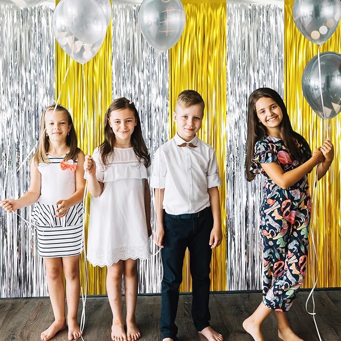 GOER 6.4 ft x 8.2 ft Metallic Tinsel Foil Fringe Curtains Party Backdrop Party Streamers for Birthday,Graduation,New Year Eve Decorations Wedding Decor (2 Pcs,Gold&Silver)