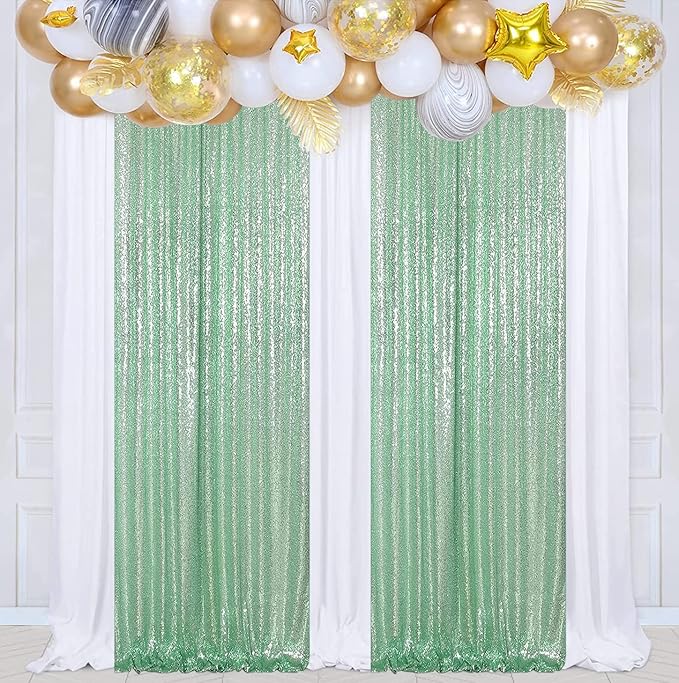 Poise3EHome Mint Green Sequin Backdrop Curtain, 2 Panels, 2FTx8FT, Polyester, for Party Wedding Sequence Decoration