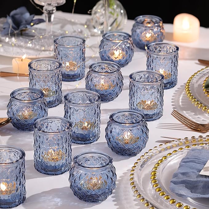 12pcs Assorted Blue Votive Candle Holders, Tea Lights Candle Holder for Wedding Decor, Blue Candle Holders for Table Centerpiece, Bridal Shower, Baby Shower Decorations