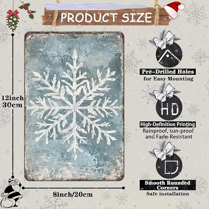 Vintage Christmas Tin Sign - Winter Snowflakes Metal Tin Sign - Wall Decor Sign for Outdoor Snowflake Christmas Decoration - 8x12Inch