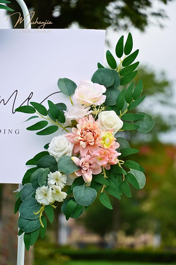 Wedding Sign Faux Flower Swag (Pack of 2) for Ceremony Party Reception Entrance Floral Decor Wall Easel Stand for Wedding Poster Welcome Sign (Pink)