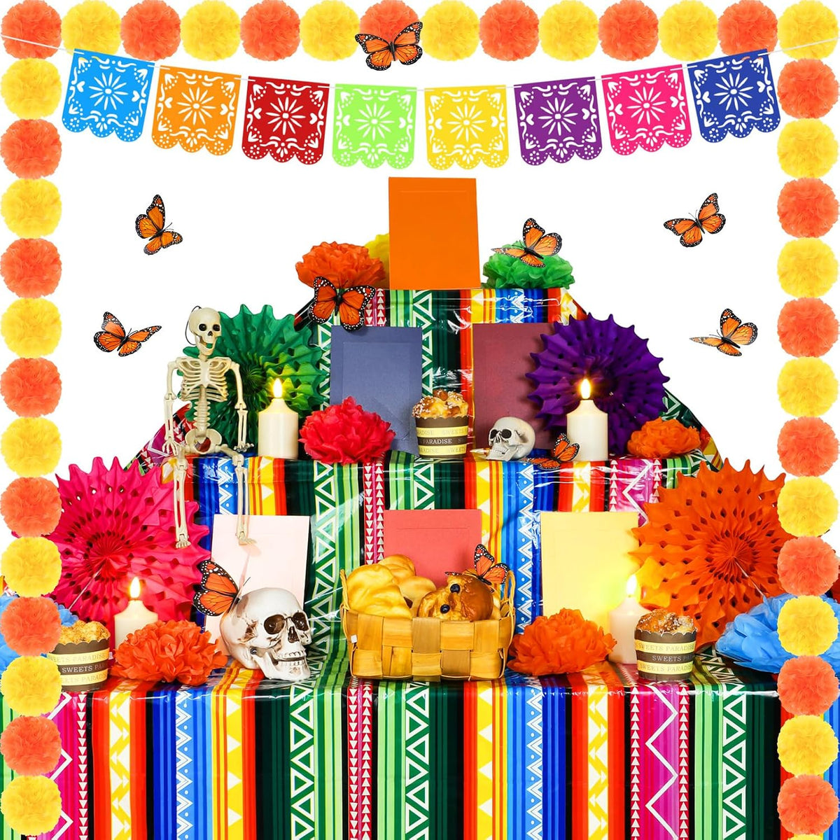 Newwiee 79 Pcs Day of The Dead Altar Decorations Kit,Striped,Colorful