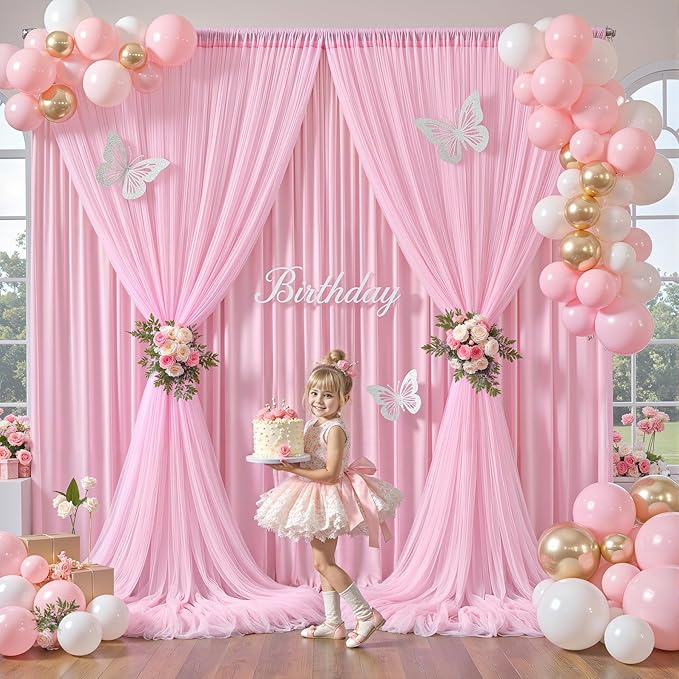 Baby Pink Tulle Backdrop Curtain for Parties Wedding,5ft x 10ft Wrinkle Free Curtain Backdrop,2 Layer Drapes for Backdrop,Polyester Back Drop for Bridal Shower Birthday Baby Shower Photography