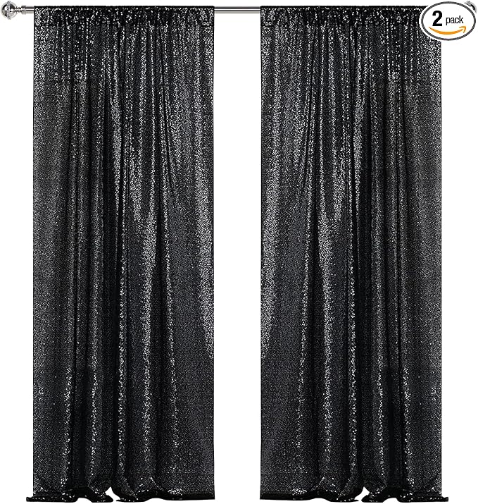 Sugargirl Halloween Black Sequin Backdrop Curtain 2 Panels 2FTx8FT Glitter Black Background Drapes Sparkle Photography Backdrop for Party Wedding Birthday Wall Decoration