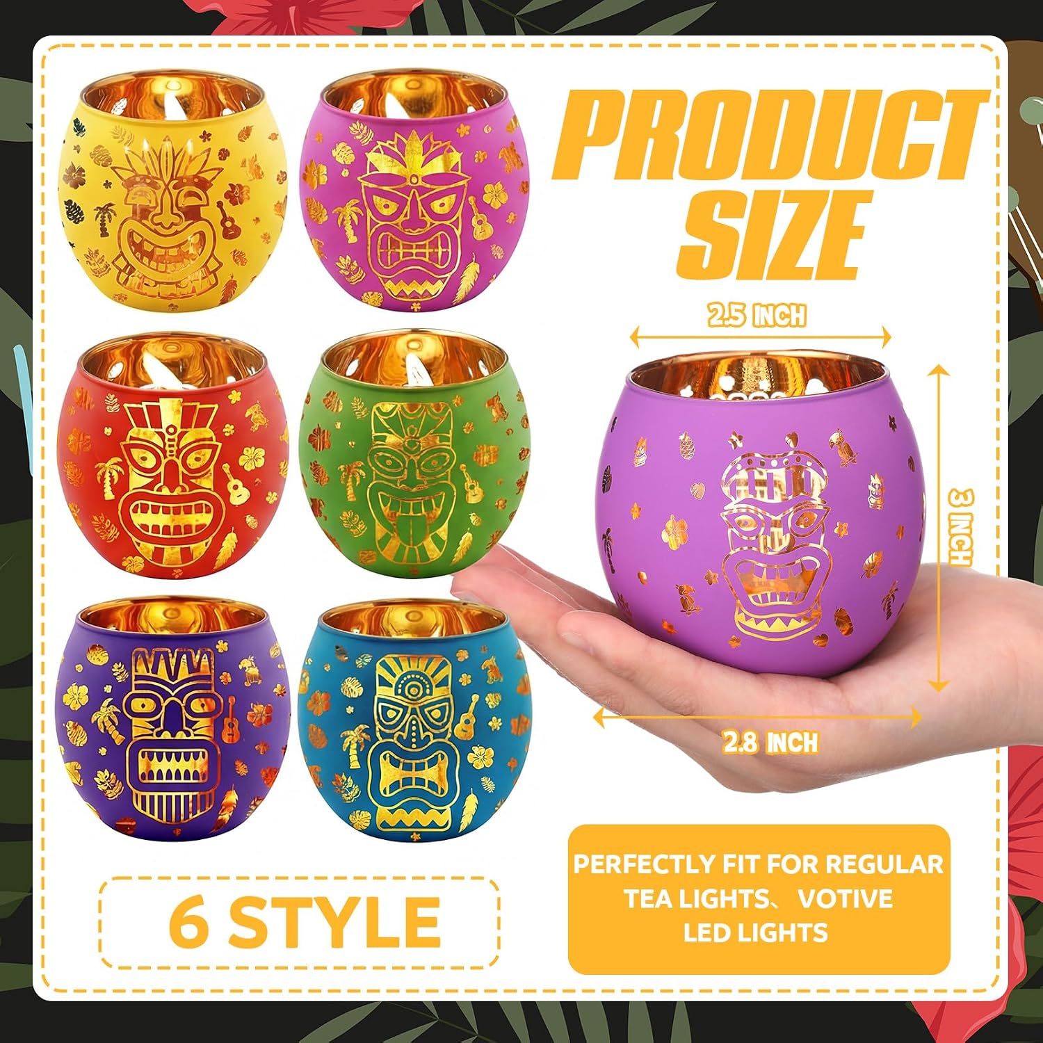 Jingmore 6 Pcs Hawaiian Luau Party Decoration Tiki Votive Candle Holder Tiki Torches Glass Candle Holder Tropical Flower Tealight Holders with 6 Laser Engraving Pattern for Hawaiian Aloha Summer Party