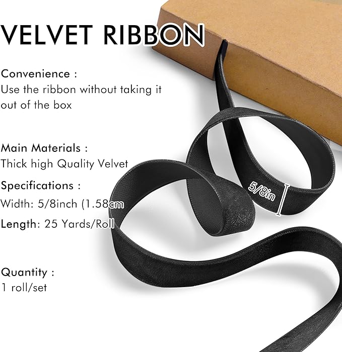 Black Velvet Ribbon 5/8'' 25 Yards for Christmas Tree, Gift Wrapping, Flower Bouquet, Wreath Decorations, Bow Making