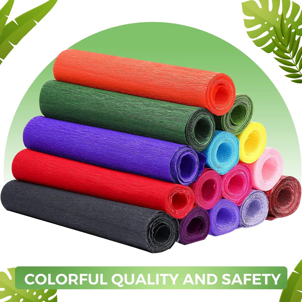 24 Rolls 15 Colors 8 ft Crepe Paper 10 Inch Crepe Paper Streamer with 50 Pcs Green Floral Iron Wire 1 Roll Green Floral Tape for Flower Making Supply Birthday Wedding Festival Ornament(Bright Colors)