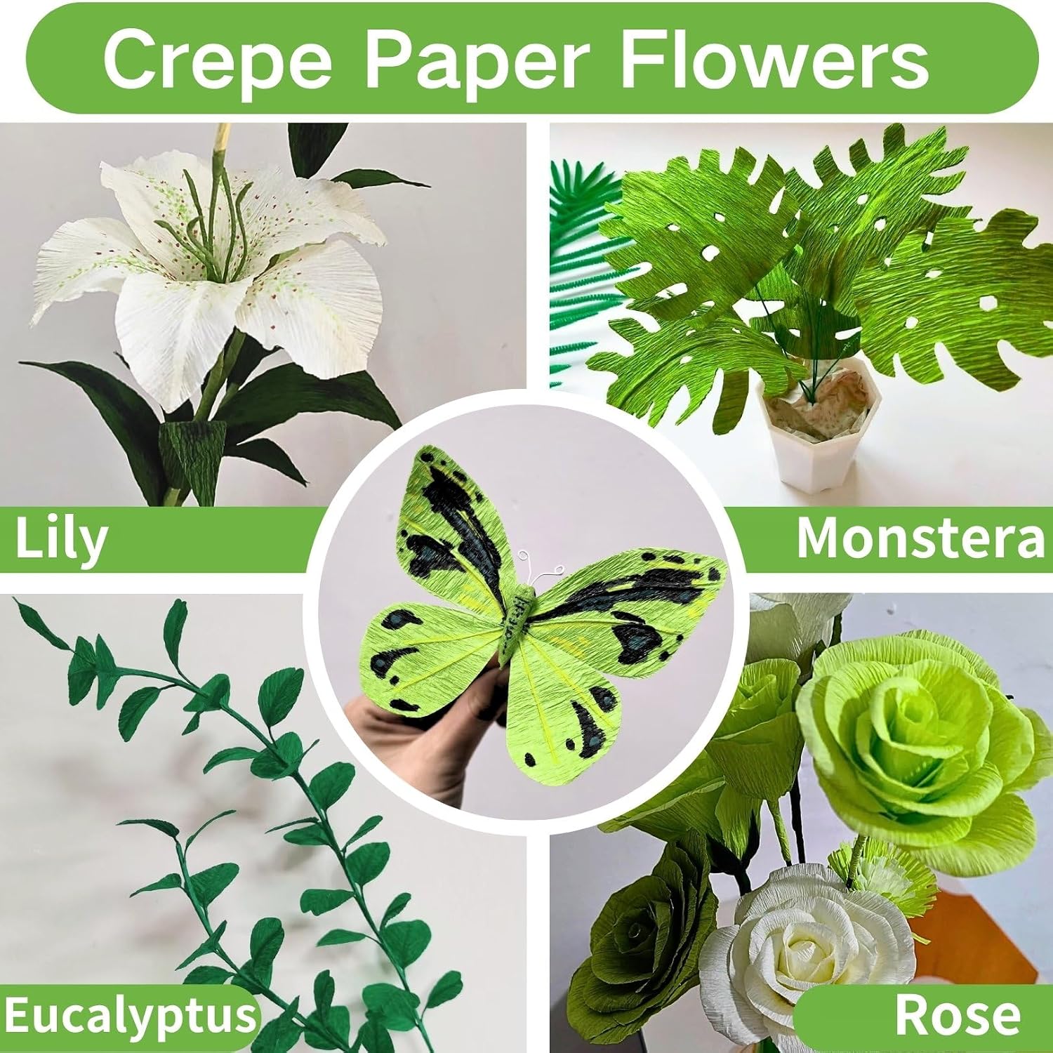 Crepe Paper Set of 6 Colourful, 6 Rolls 25 x 200 cm Crepe Paper Gradient Green with 15 Floral Wire, Florist Tape, Double-Sided Tape, Ruler, Sewing Thread, Crepe Paper Flowers Crafts (Green Series)
