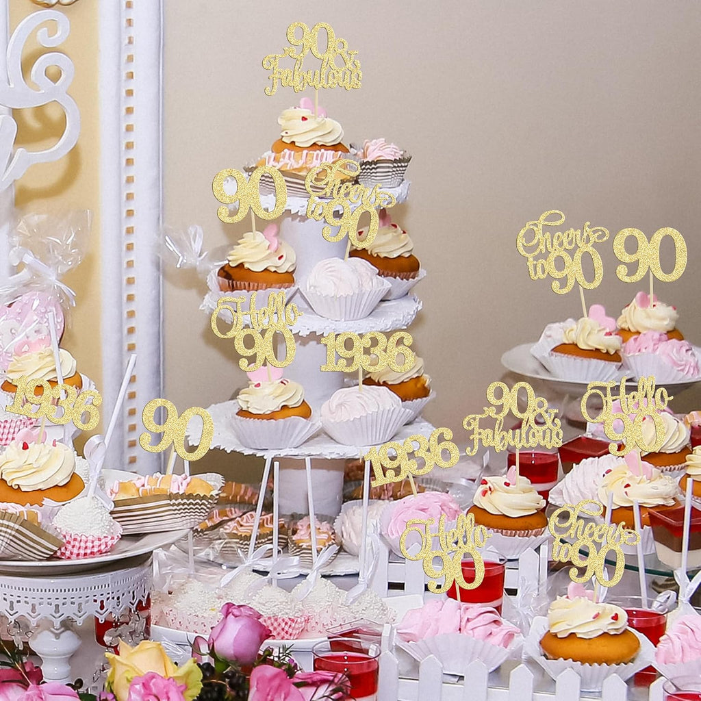 Gyufise 30Pcs 90th Birthday Cupcake Toppers 90 Fabulous Cupcake Picks Cheers to 90 1935 Cake Decorations for Happy 90th Birthday Wedding Anniversary Party Decoration Supplies Gold