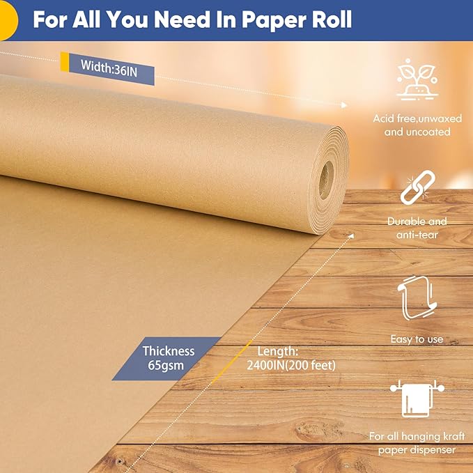 Vanhench 36"x 2400" (200') Large Brown Wrapping Easel Paper Roll, Bulletin Board Paper, Art Packing Moving Shipping Poster Supplies, Floor Covering Crafting Drawing Table Runner 70GSM 55LB