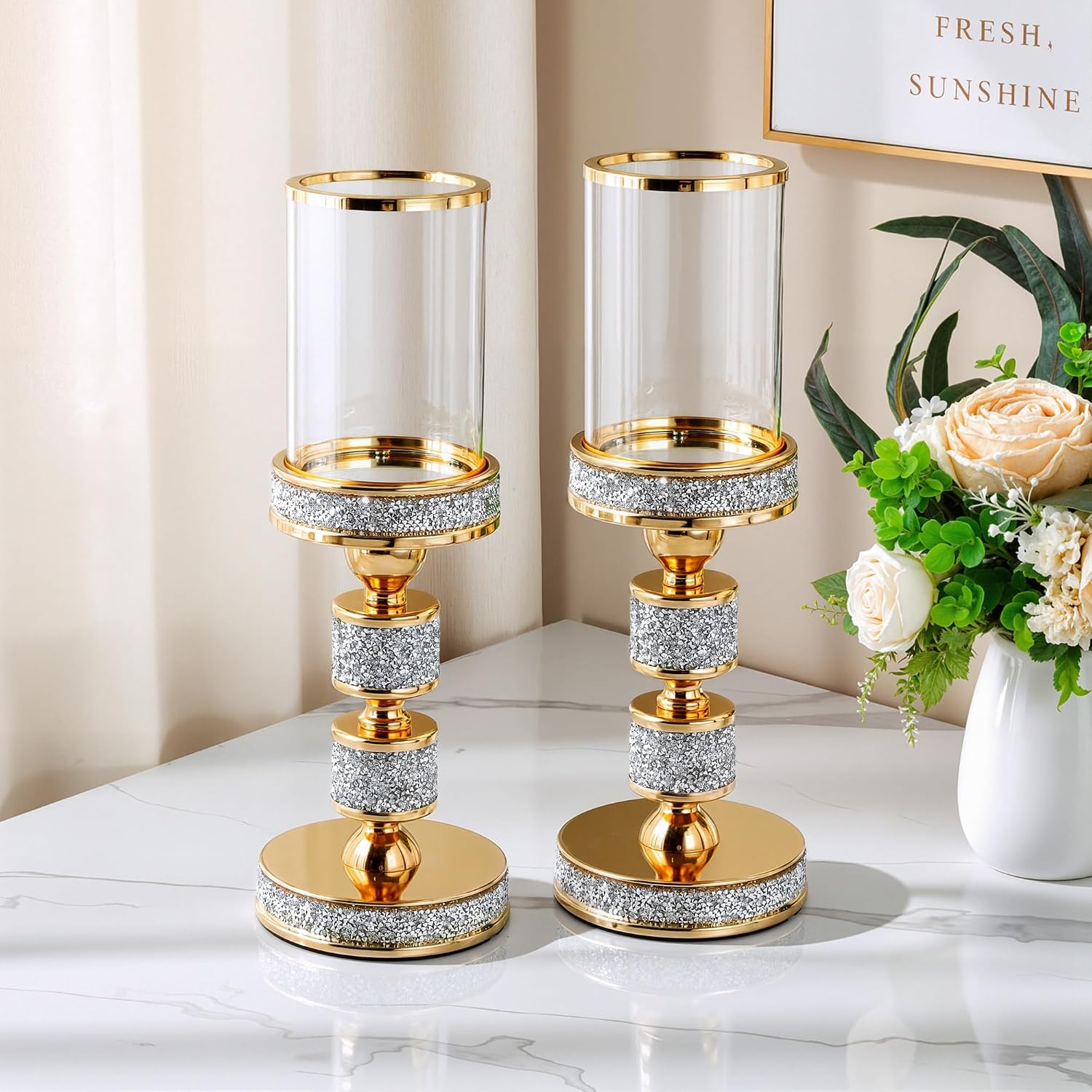 Hurricane Candle Holder, 13.5" Tall Metal Candle Stand, Glass Pillar Candle Holders, Crystal Gold Decorative Centerpieces for Table, Wedding and Dining Room (Fits Candles up to 3"x5", 2pcs, M)