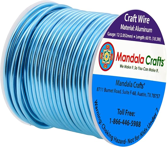 Mandala Crafts 12 Gauge Anodized Aluminum Craft Wire for Jewelry Making - 60 FT Colored Flexible Vivid Sky Blue Wire - Bendable for Bonsai Armature Crafting Sculpting