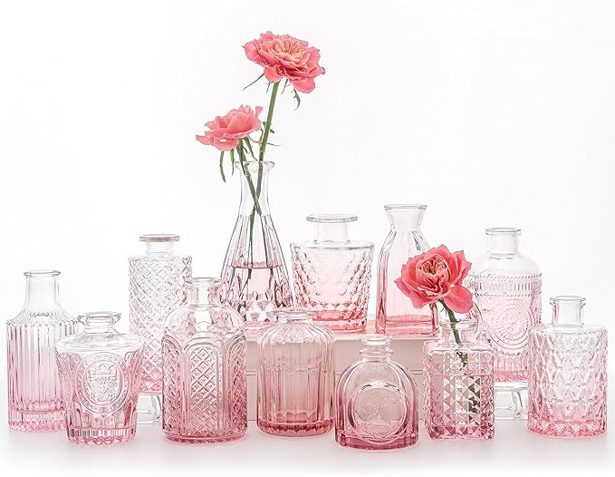12Pcs Glass Bud Vase Set, Small Flower Vase for Centerpieces, Pink Bud Vases in Bulk, Mini Vintage Vase for Rustic Wedding Decorations