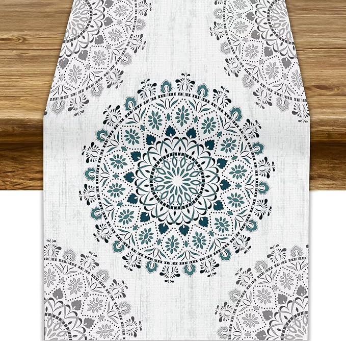 Boho Flower Table Runner, Bohemian Turquoise Mandala White Teal Floral Kitchen Dining Table Runners for Indoor Outdoor Home Party Holiday Decor, 13x60inch