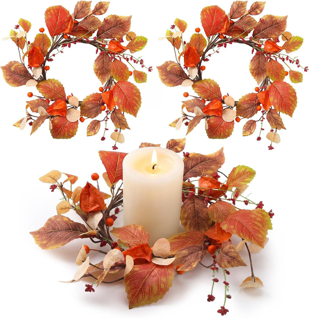 Suncalla Fall Candle Rings Wreath with Artificial Berry Leaf Acorn Wreath for Mini Candle Rings Thanksgiving Fall Wedding Rustic Seasonal Decoration(6.5'' Inner,Eucalyptus Berry,1 Pc)