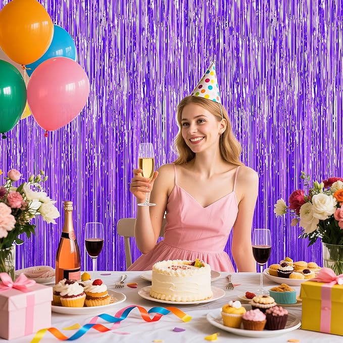 Purple Foil Curtain Backdrop, 2Pack Metallic Tinsel Foil Fringe Curtains Photo Booth Props for Birthday Wedding Engagement Bachelorette Baby Shower Christmas Holiday Celebration Party Decorations