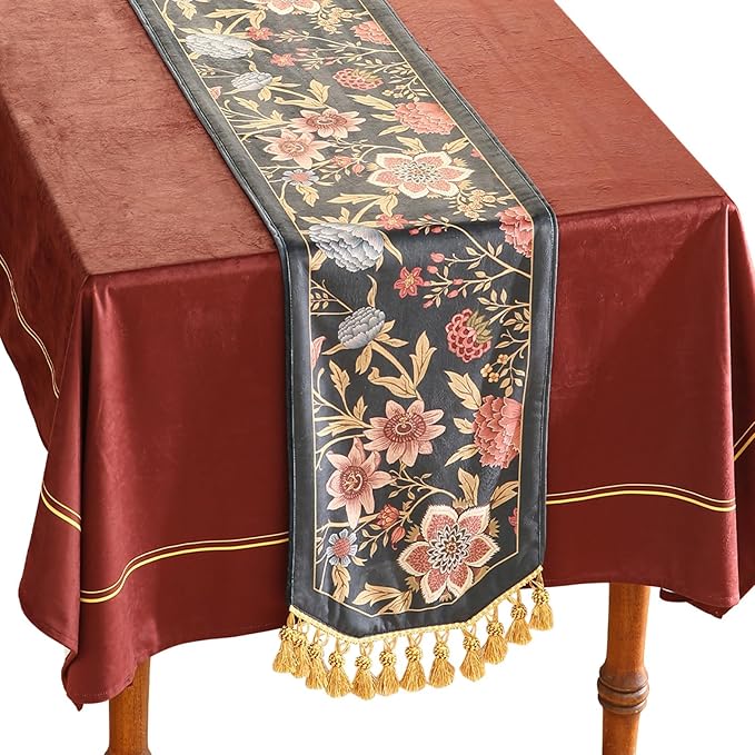 patdrea Designer Vintage Black Floral Velvet Table Runner 102 Inch Long, Pink Khaki Bouquets Pattern Table Mat, Decoration for Kitchen Dining Coffee Table Cabinet Banquet Thanksgiving,12"*102"