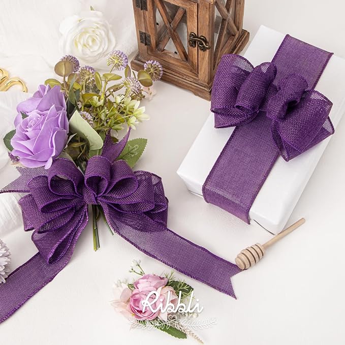 Ribbli Dark Purple Burlap Wired Ribbon,1-1/2 Inch x 10 Yard, Wired Edge Ribbon for Big Bow,Wreath,Tree Decoration,Outdoor Decoration