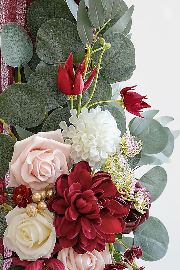 Burgundy Artificial Wedding Arch Flowers Kit (Pack of 3) with 26Ft Burgundy Shiny Arch Draping Fabric for DIY Wedding Party Ceremony Reception Backdrop Floral Decoration