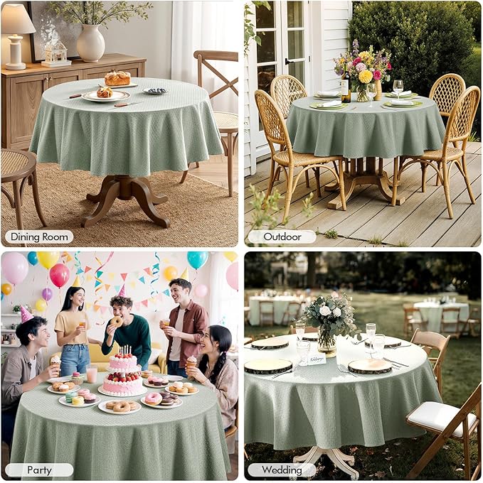 MIULEE Sage Green Linen Cottton Table Cloth Round Tablecloth Waterproof Spillproof Cross-Star Textured Table Cltoth Decorative Farmhouse Style for Dining Party Weddings 60 Inch