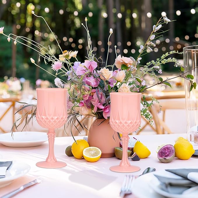 Plastic Vintage Wine Glasses 7OZ Plastic Goblets Vintage Drinking Glasses 24PCS Retro Wedding Glassware Water Goblets Reusable Drinking Cups for Party,Reception,Celebration,Bar,Whiskey(Light Pink)