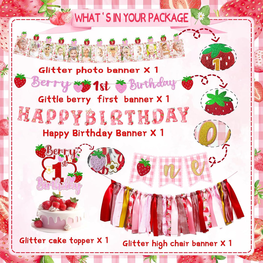 Strawberry first Birthday Decorations for Girls Berry Sweet One Strawberry 1st Birthday Decor Party Supplies include Photo Banner Highchair Banner Crown Balloon Boxes Backdrop Tableware Set