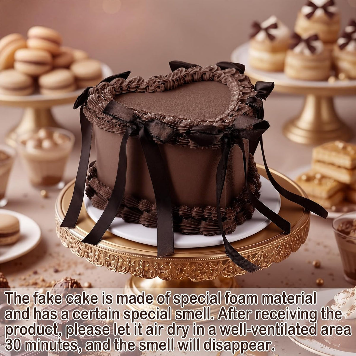 remerry 6 inch chocolate heart fake cake bow, close-up detail