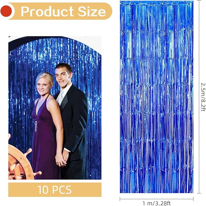 10 Pack Blue Backdrop Curtain 3.2ft x 8.2ft Metallic Tinsel Foil Fringe Curtains Photo Booth Background for Birthday Party Decoration Baby Shower Engagement Wedding Christmas Decoration (Blue)