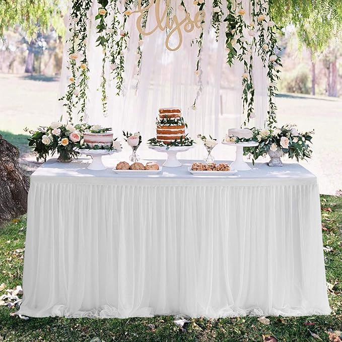 Suppromo White Tulle Table Skirts for Rectangle Tables 6ft for Wedding Birthday Party Bridal Shower White Tutu Ruffle Table Cloth for Cake Dessert Buffet Banquet Dinner Table Decorations