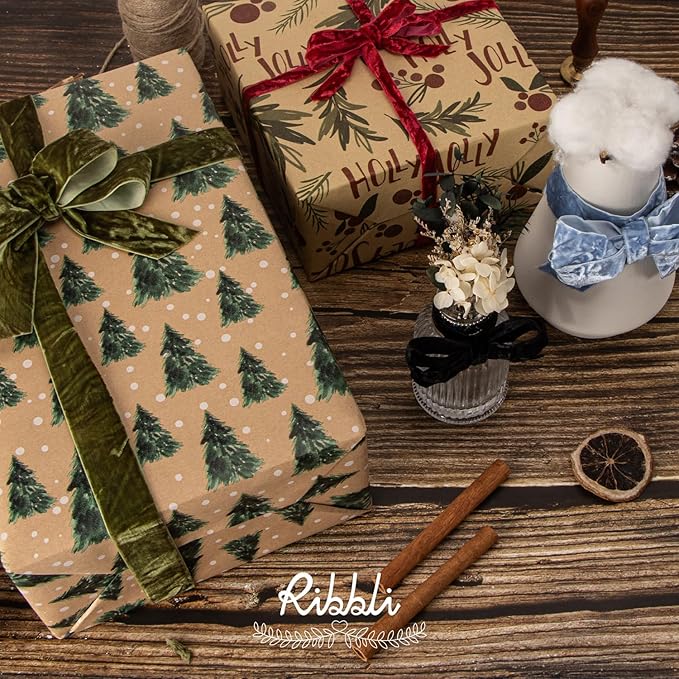 Ribbli Dusty Blue Velvet Ribbon 1 Inches Luxury Crinkled Blue Christmas Ribbon for Gift Wrapping Crafts Home Decor-Continuous 10 Yard
