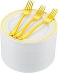 200pcs Gold Dessert Plates with Forks for 100 Guests-100pcs 7.5" Small Plastic Dessert Plates and 100pcs 7.4" Forks-Disposable Cake/Appetizer/Salad Plate for Wedding/Birthday/Party
