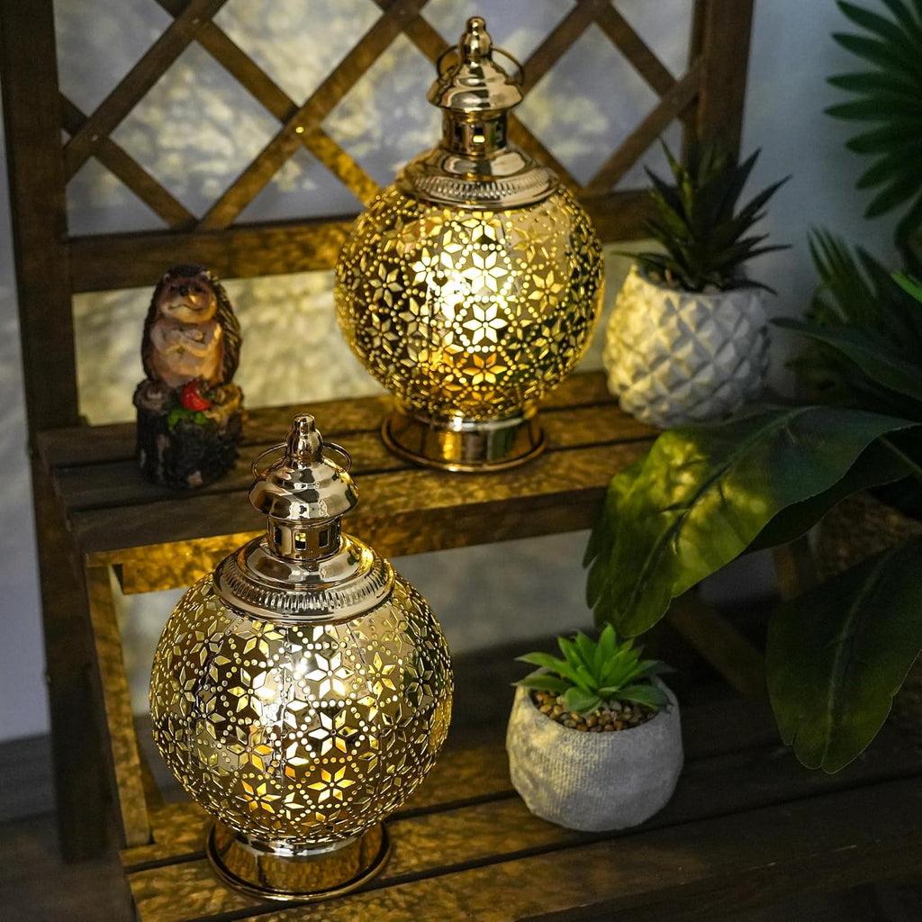 TRIROCKS Ramadan Lanterns Set of 2 10" Gold Electric Candle Holders with Timer, Metal Decorative Vintage Lanterns for Indoor/Outdoor Decor, Perfect EID Mubarak Gift
